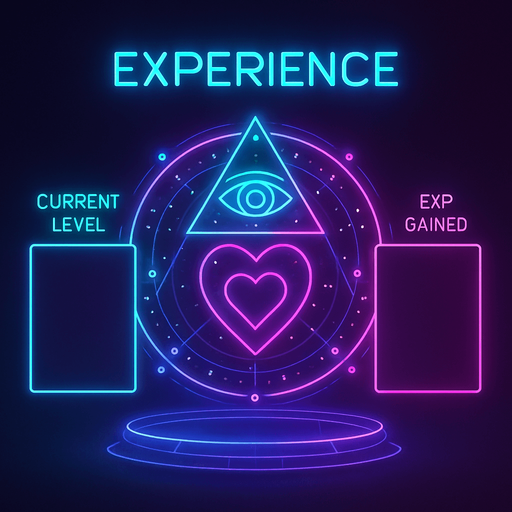 Neon cyberpunk experience menu form blank boxes labeled space for current level, experience gained, flat 2d 3d hologram glowing futuristic occult sigil heart eye triangle circle magick