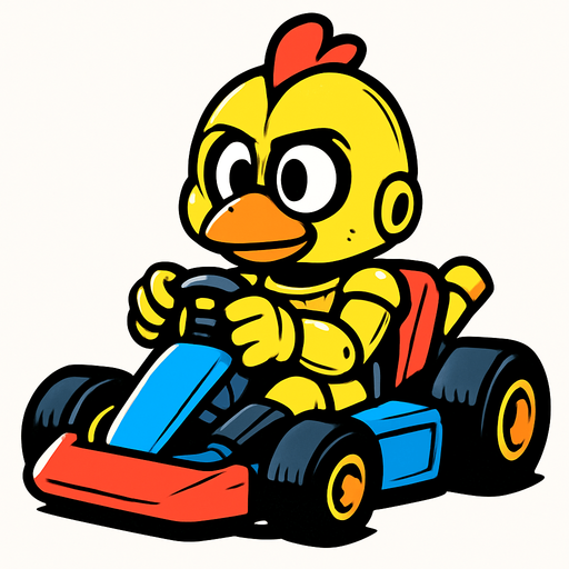 Un pollo amarillo animatronico en un kart.
In-Game asset.  2d.  High contrast.  No shadows