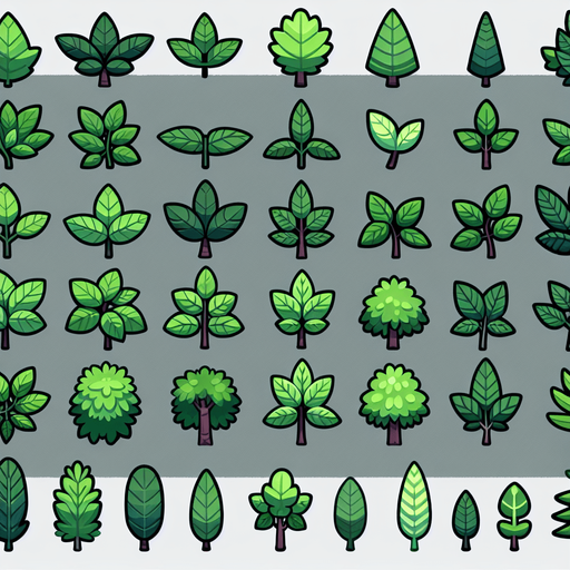 A sprite sheet of different green leaves. Cartoon..
Single Game Texture. In-Game asset. 2d. Blank background. High contrast. No shadows.