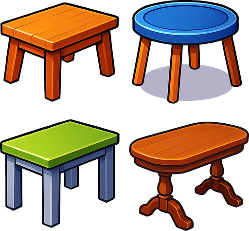 pack of different Tables images.
In-Game asset.  High contrast.  No shadows. 3D
