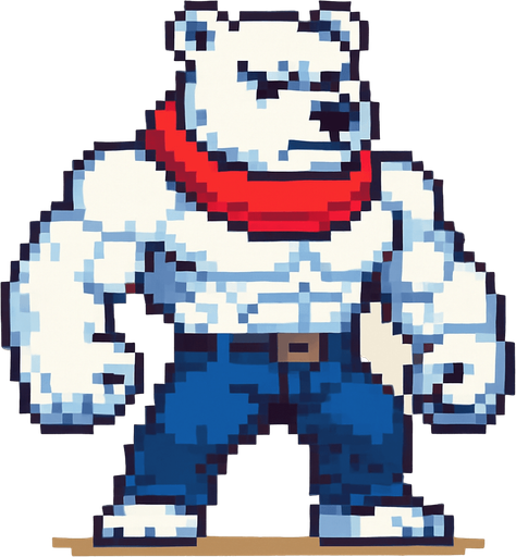 Oso polar furry fuerte con bufanda y pantalones largos y sin camisa, pixeleado.
In-Game asset.  2d.  High contrast.  No shadows