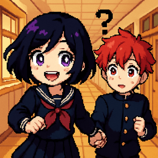 A cute anime-style girl with an emo aesthetic and striking purple eyes wears a traditional Japanese school uniform (sailor fuku). With a wide, toothy smile and sparkling eyes full of excitement, she runs joyfully while holding hands with a sweet red-haired boy with vivid red eyes, dressed in a classic gakuran school uniform. The boy, surprised and slightly flustered, has a question mark floating above his head as he's pulled along by the girl's energy. Behind them stretches a Japanese school hallway, all rendered in a charming Pixel Art style.