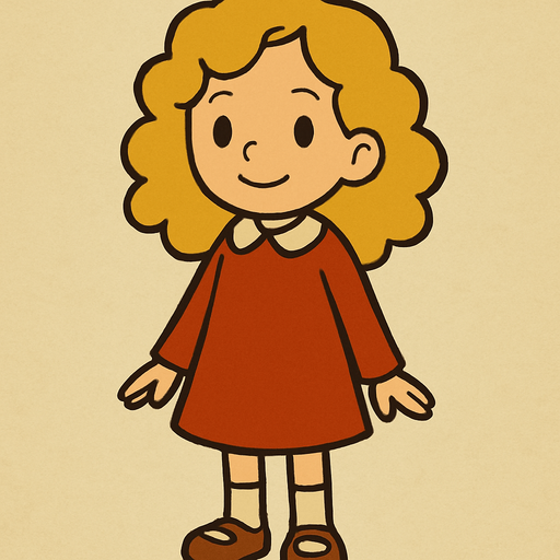 Cute little 7yo girl with blonde curly hair. Professor Layton game style 
In-Game asset.  2d.  High contrast.  No shadows