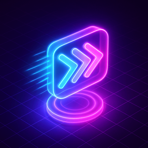 Top down isometric neon cyberpunk futuristic fast forward 3D speed, agility, rapidness symbol glowing hologram vaporwave