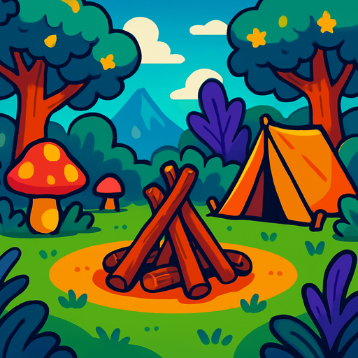 camp area. world imagination. magical. wood of fire but without fire on the middle of the screen.
In-Game asset.  2d.  High contrast.  No shadows