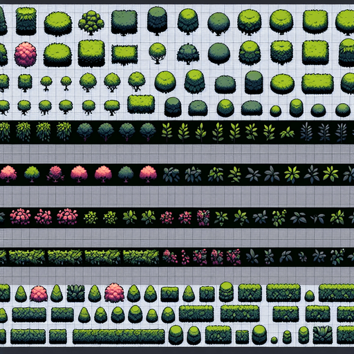 Create a sprite sheet showing the different components of the hedge.  The design should include views from above. Arrange the components on a dark background, neatly aligning each part in rows and columns for easy identification and use in game development..
Single Game Texture. In-Game asset. 2d. Blank background. High contrast. No shadows.