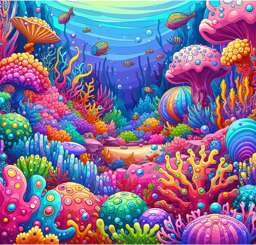 A colorful underwater coral reef background. Cartoon
Single Game Texture.  In-Game asset.  2d.  Blank background.  High contrast.  No shadows
