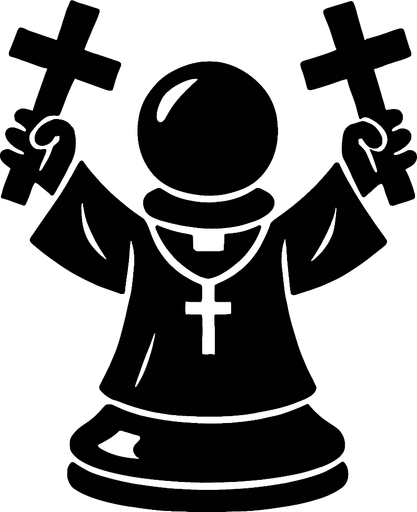 Draw a black pawn dressed in a priest's robe and holding two crosses in the air in a divine manner.
In-Game asset.  2d.  High contrast.  No shadows