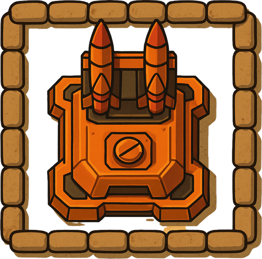 Top view of an Orange defense Military tower Rockets, in the desert, the image has a square border outlined by military defense Brown sandbags.
In-Game asset.  2d.  High contrast.  No shadows