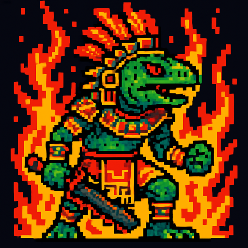 Generame un guerrero azteca con patrones, estilo pixelar, ademas sera una iguana humanoide, con efectos de fuego.
In-Game asset.  2d.  High contrast.  No shadows