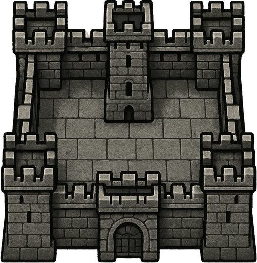 17. century tower castle square shaped 1x1 medeval military base,grey coloured top-down look , simple design, medieval-semirealistic..
In-Game asset.  2d.  High contrast.  No shadows