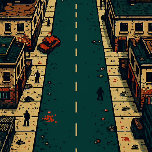 una calle muy ancha de un vecindario peligroso hecho con pixeles y la perspectiva desde el cielo
In-Game asset.  2d.  High contrast.  No shadows