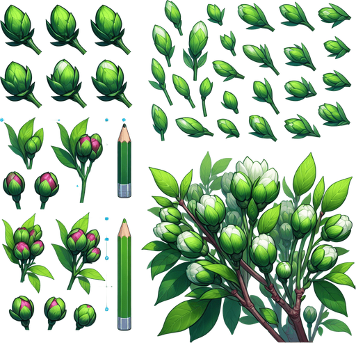 A sprite sheet of flowers with green buds. Overhead view..
Single Game Texture. In-Game asset. 2d. Blank background. High contrast. No shadows.
