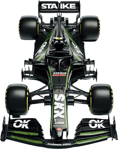 Photorealistic f1 race car, Top view. Black and grassgreen painted body. White "Staike" text on rear wing. OK OK texts on front wing.