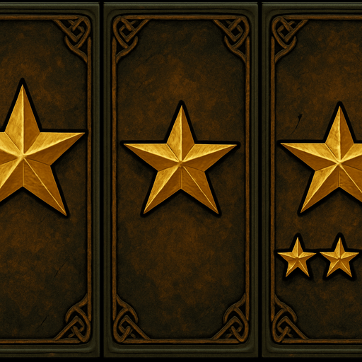 slice 3 the screen. First One golden star, second two golden stars, third three golden stars all in LOTR style.
In-Game asset.  2d.  High contrast.  No shadows