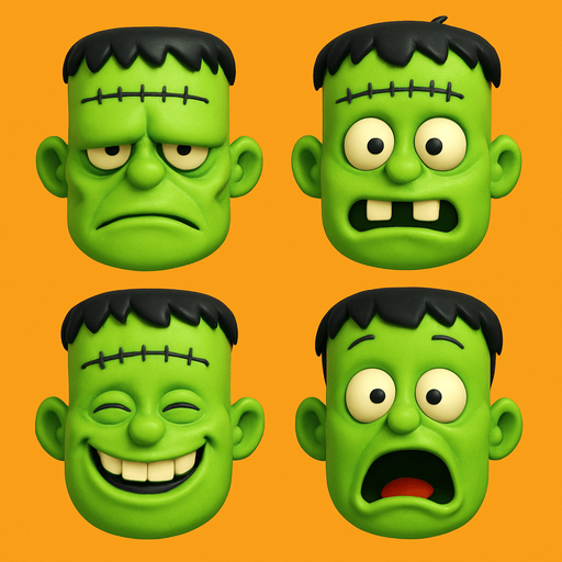 3D frankenstein Scary and funny cute face meme. different faces look. face only
In-Game asset.  3D.  High contrast.  No shadows