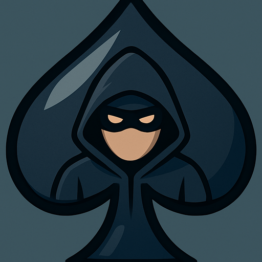Add an icon of a cartoon spy with a hood and a mask on in the center of the spade.
