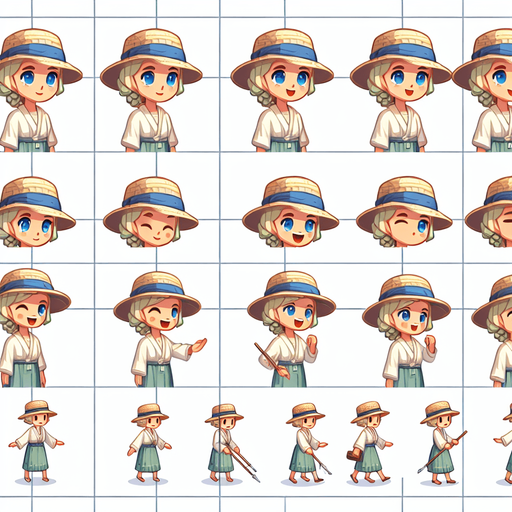 A spritesheet with a number of poses of a happy blond girl with blue eyes wearing a modern sunhat and summer dress, smiling, working, waiting, standing, turning, etc.The spritesheet should be laid out in a rectangular grid with clear space between each individual sprite. Each sprite in the sheet should be around 300x600 pixels in size.
Single Game Texture. In-Game asset. 2d. Blank background. High contrast. No shadows.