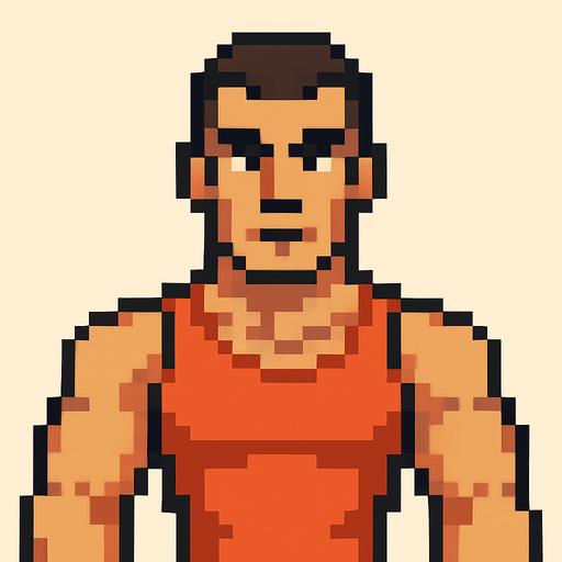 Hombre atlético mirando a la cámara pixel art.
In-Game asset.  2d.  High contrast.  No shadows