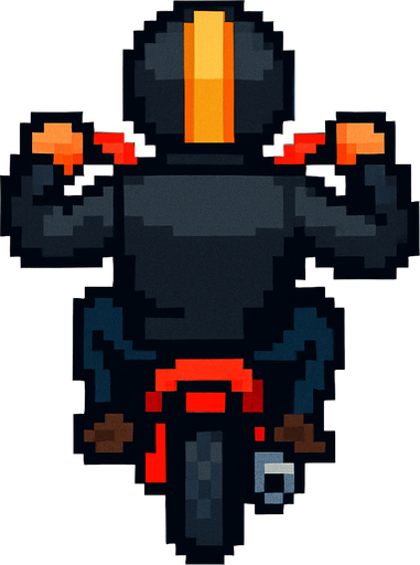 motociclista de chaqueta negra hecha con pixeles con perspectiva desde arriba y trasera.
In-Game asset.  2d.  High contrast.  No shadows