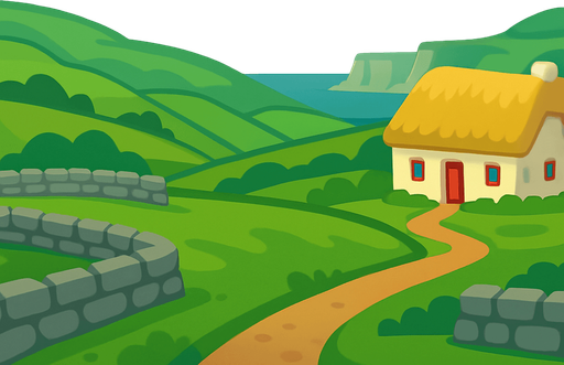A 2D cartoon-style background inspired by the scenic countryside of Ireland. Include lush green rolling hills, stone fences, a small traditional Irish cottage with a thatched roof, and distant cliffs near the sea. Add a cloudy sky with a soft glow, and maybe a faint rainbow. Style it in vibrant, game-friendly vector or flat cartoon style. Perfect for a mobile music game featuring traditional Irish instruments. Export as a wide image (1920x1080) with no text or characters — just background..
In-Game asset.  2d.  High contrast.  No shadows