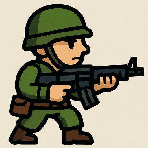 elinde silah olan 2 boyutlu asker.
In-Game asset.  2d.  High contrast.  No shadows