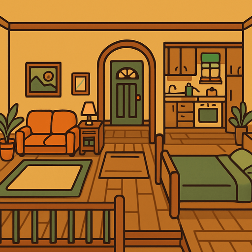 The inside of a quiet and peaceful house with no people inside.
In-Game asset.  2d.  High contrast.  No shadows