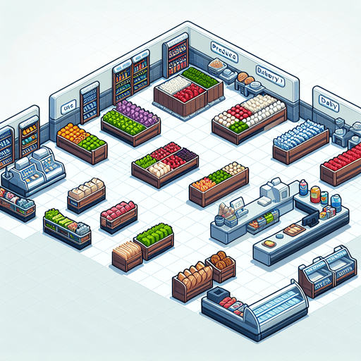 a grocery store.
Single Game Texture.  In-Game asset.  2d.  Blank background.  High contrast.  No shadows