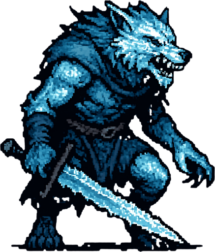 Frost Wolf Man Dark souls style 2d pixel art.
In-Game asset.  2d.  High contrast.  No shadows