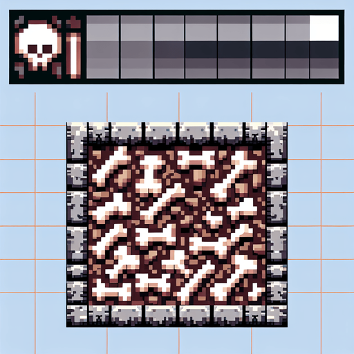 Single Game Texture. In-Game asset. 2d. Blank background. High contrast. No shadows. Single Game Texture. In-Game asset. 2d. Blank background. High contrast. No shadows. A pixel art sprite in a Super Nintendo, Super Castlevania style that looks like a small pile of bones