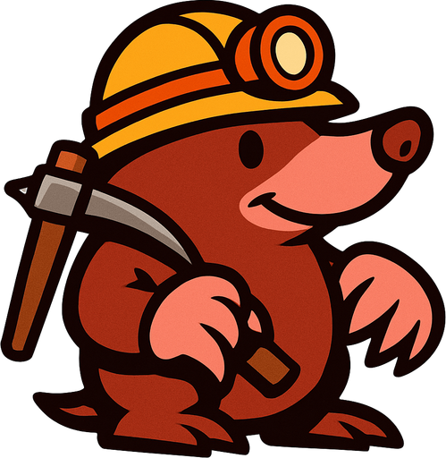 Mole with a minerer's hat and a pickaxe.
In-Game asset.  2d.  High contrast.  No shadows