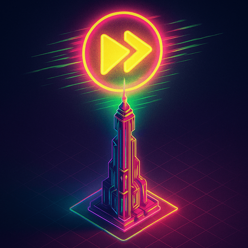 Top down isometric neon cyberpunk futuristic massive tower spire 3D fast forward symbol projection over top, agility, rapidness symbol yellows pinks greens vaporwave glowing hologram over top