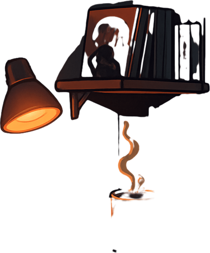 A 2048x2732 vertical background illustration in a semi-realistic comic book style. The setting reveals a nostalgic, dimly lit corner of the same urban apartment from the previous scenes. This part of the room showcases a personal wall collage filled with printed photographs, old event posters, and handwritten notes — all pinned with care and glowing softly under a small warm desk lamp. A wooden shelf holds vinyl covers, retro magazines, and a framed photo of a live DJ performance. On a nearby desk, a coffee mug steams next to an analog tape recorder, gently lit by the reflection of neon city lights from outside the window. The atmosphere is rich with memories, inspiration, and creative legacy. No characters, no text — just a sentimental space for the credits menu backdrop..
In-Game asset.  2d.  High contrast.  No shadows