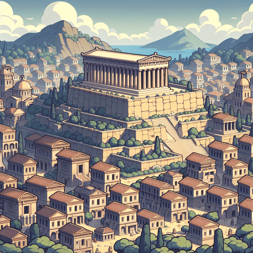 An animated image of an ancient greek city with an Acropolis.
Single Game Texture. In-Game asset. 2d. Blank background. High contrast. No shadows.