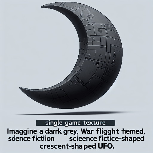 dark gray war fligt scifi crescent ufo.
Single Game Texture.  In-Game asset.  2d.  Blank background.  High contrast.  No shadows