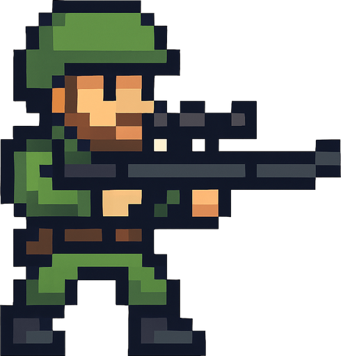 Sniper man pixel style.
In-Game asset.  2d.  High contrast.  No shadows