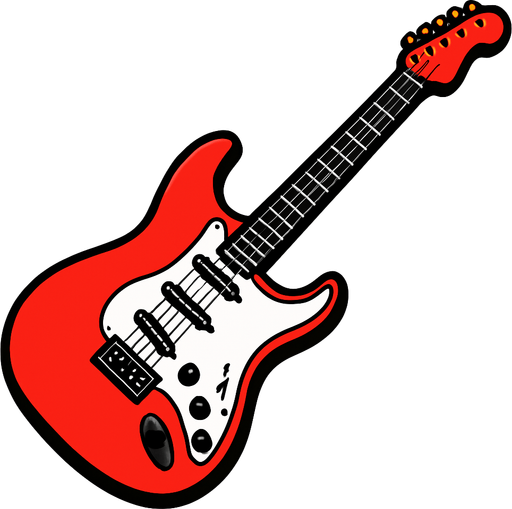 kırmızı renkli elektro gitar yan dursun çalmaya hazır gibi görünsün.
In-Game asset.  2d.  High contrast.  No shadows