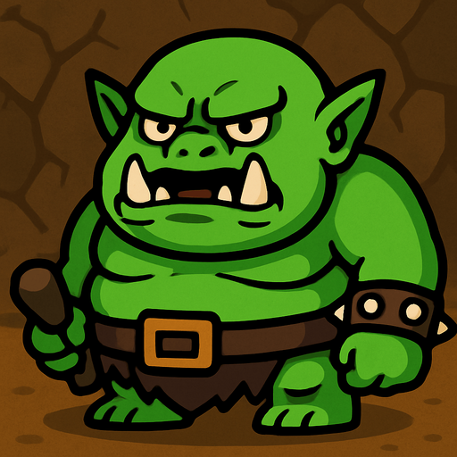 2d chibi green evil underground  fat ork.
In-Game asset.  2d.  High contrast.  No shadows