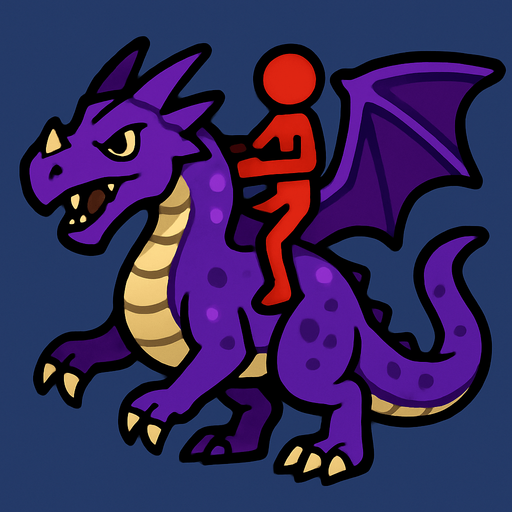 Purple dragon with a red stickman riding it.
In-Game asset.  2d.  High contrast.  No shadows