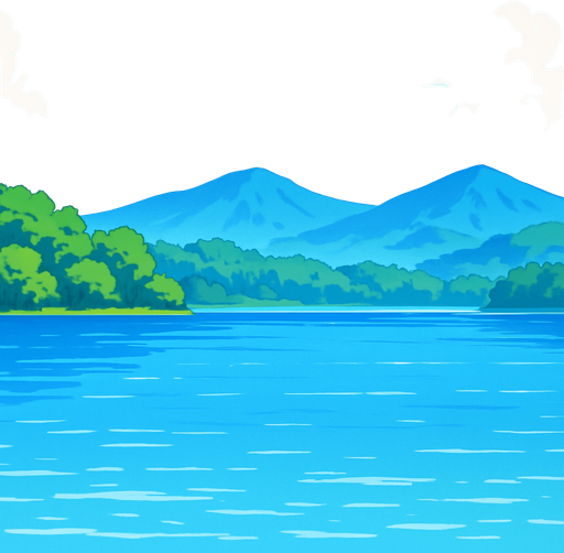 gambar anime tentang danau yang luas di pagi hari. di kejauhan hutan dan pegunungan serta langit cerah.
In-Game asset.  2d.  High contrast.  No shadows