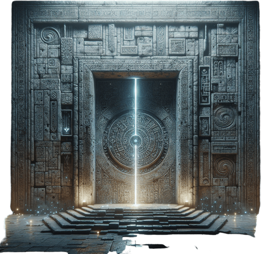 La porte d'Exit est un portail mystérieux et imposant qui se distingue par son atmosphère énigmatique. Elle est située à la fin du labyrinthe, là où la lumière semble devenir plus intense et où le suspense atteint son apogée.

    Structure : La porte est massive, faite de pierres anciennes et usées par le temps, avec des gravures mystérieuses sur les côtés. Elle semble être une sorte de portail magique, ses bords ornés de runes qui brillent faiblement dans l'obscurité. Les gravures changent légèrement lorsque le joueur s'en approche, comme si elles réagissaient à la présence du héros.

    Couleurs et lumière : L'exit émet une lumière douce mais persistante, un halo qui contraste fortement avec l'obscurité du reste du labyrinthe. La lumière n'est pas chaude, mais plutôt froide, avec des tons de bleu pâle et d'argent. Cela donne à la porte une allure à la fois apaisante et étrange. De petites étincelles flottent autour de la porte, comme si une force invisible était à l'œuvre..
Single Game Texture.  In-Game asset.  2d.  Blank background.  High contrast.  No shadows