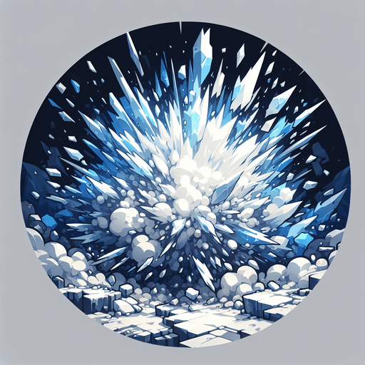 Ice explosion,rock, Light, blue & white..
Single Game Texture. In-Game asset. 2d. Blank background. High contrast. No shadows.