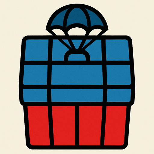 mavi ve kırmızı renklerinde siyah çizgileri olan bir airdrop kutusu yap, kuş bakışı olsun üstten gözüksün.
In-Game asset.  2d.  High contrast.  No shadows. bird eye