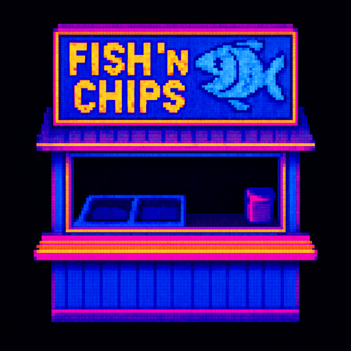 A fish and chips shack with a big counter in the front and a large open window behind. Large sign on roof says "Fish 'n Chips" with a cartoon fish. Seen from top down view with the front of the shack facing down.