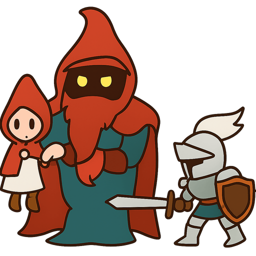 final boss holding a white mage from the game and the knight from the game. No background. Transparent background. Blank background. No shadows. 2d. In-Game asset. flat
