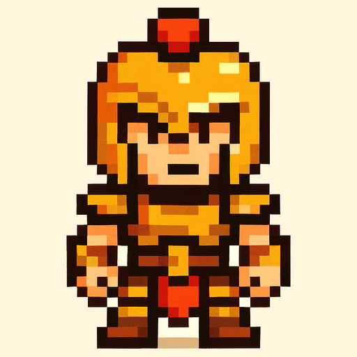 Genera una imagen de un guerrero pixel, sin armas, y que tenga la cabeza un poco más grande que el cuerpo tipo pixel.
In-Game asset.  2d.  High contrast.  No shadows
