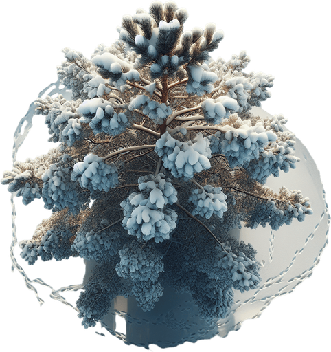 Photorealistic pinetree covered by snow, drone view
