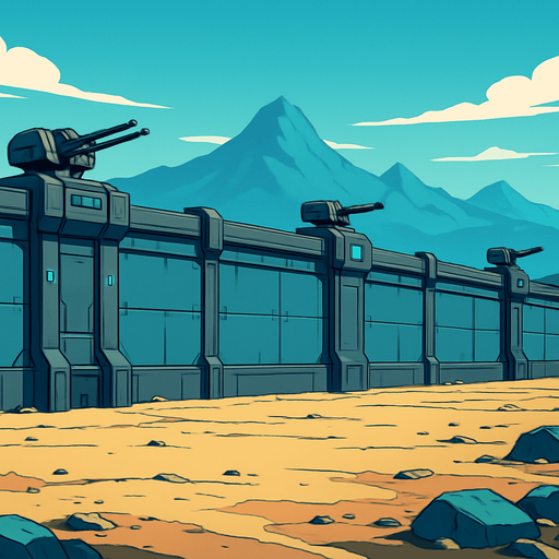 scifi future horizontal military wall of border land. mountain and landscape far distance. anime style.
In-Game asset.  2d.  High contrast.  No shadows