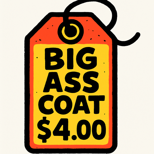 Price tag that says big ass coat $4.00.
In-Game asset.  2d.  High contrast.  No shadows