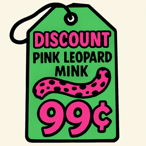 green price tag that says discount pink leopard mink 99 cents!
In-Game asset.  2d.  High contrast.  No shadows